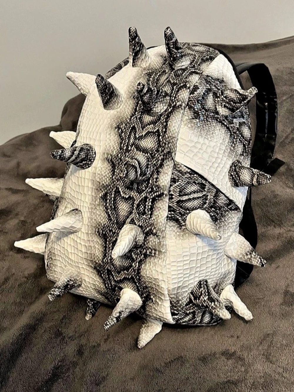Black & White Crocodile-Textured Spiked Backpack